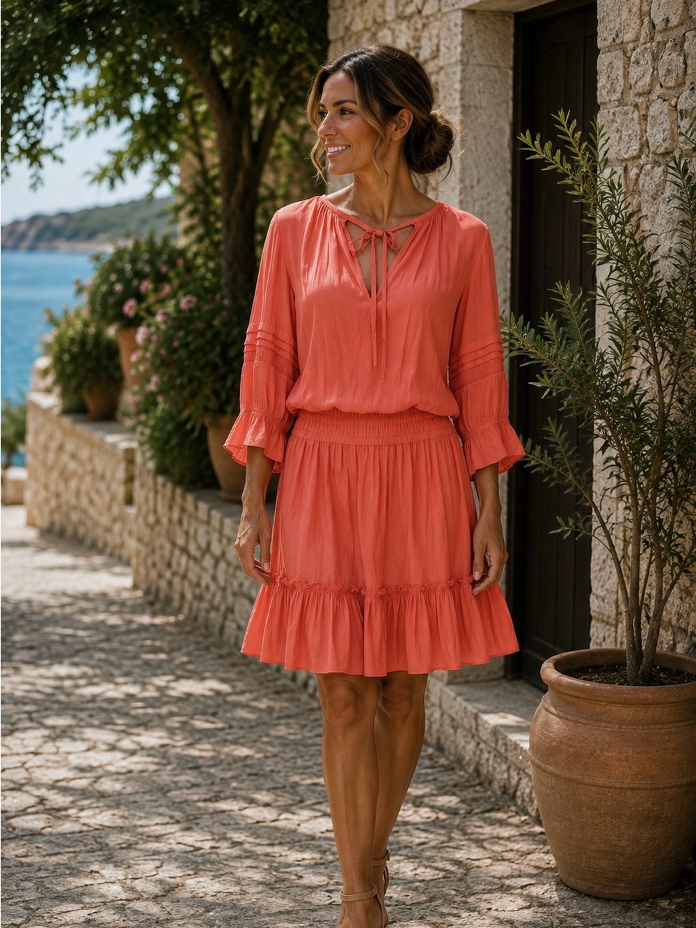 Ramy Brook Coral Tie-Neck Long Sleeve Dress
